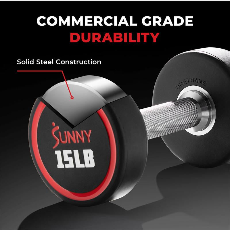 Sunny Health & Fitness Premium Signature round Dumbbells, Pair Set of 2, Home Gym Workout Fitness, Commercial-Grade Polyurethane, Non-Slip Diamond-Knurled Steel Handles, Durable Strength Training, 5-50 Lbs Options