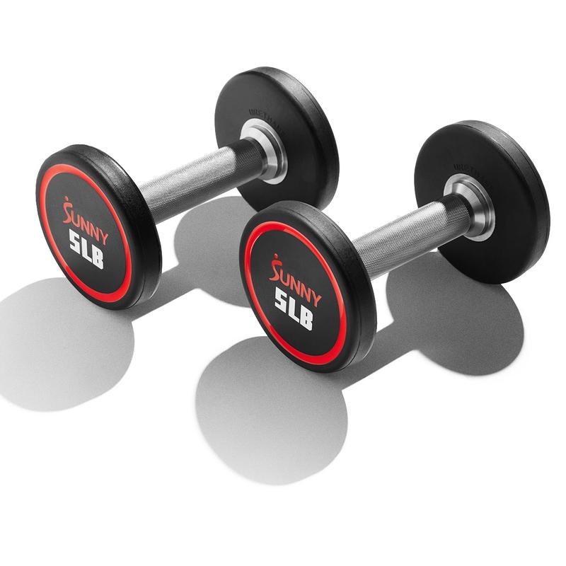 Sunny Health & Fitness Premium Signature round Dumbbells, Pair Set of 2, Home Gym Workout Fitness, Commercial-Grade Polyurethane, Non-Slip Diamond-Knurled Steel Handles, Durable Strength Training, 5-50 Lbs Options