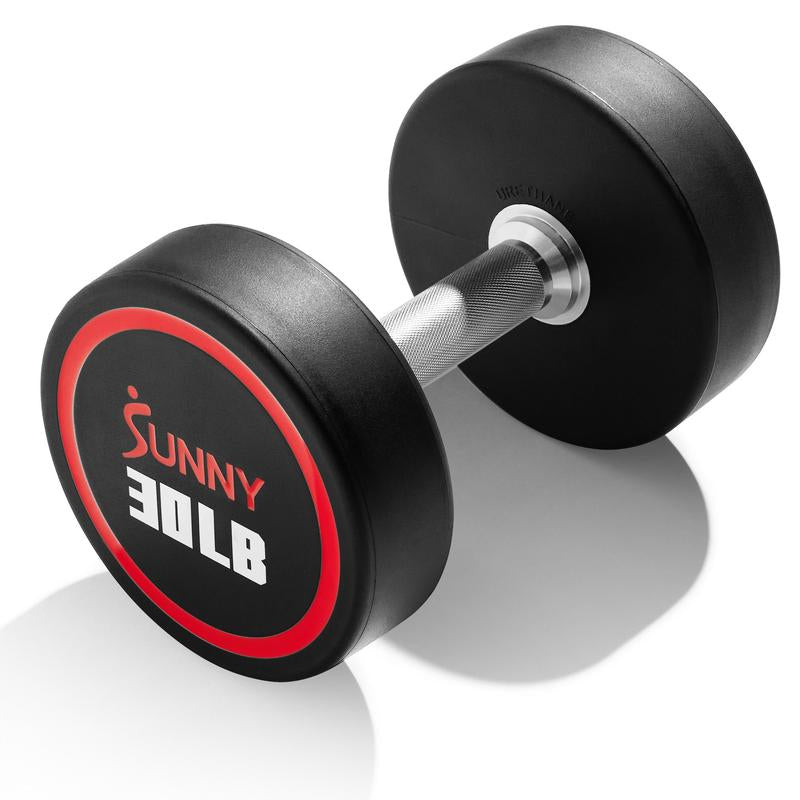 Sunny Health & Fitness Premium Signature round Dumbbells, Pair Set of 2, Home Gym Workout Fitness, Commercial-Grade Polyurethane, Non-Slip Diamond-Knurled Steel Handles, Durable Strength Training, 5-50 Lbs Options