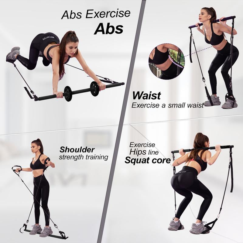 HOTWAVE Pilates Barbell Set with 4 Resistance Bands for Legs, Buttocks, Waist, Arms, Squats, Pilates Fitness Equipment for Home Workouts, Adjustable Length, Suitable for Men Women Yoga Training
