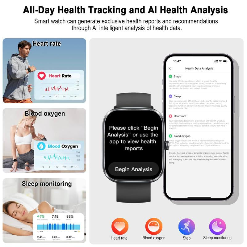 Smartwatch with Built-In AI Chatbot (Calls Received/Made), 1.91-Inch Unisex Model, Supports over 112 Fitness Activity Tracking, Calorie Burn/Sleep Monitoring, IP68 Waterproof Pedometer, Compatible with Android and Ios Systems.