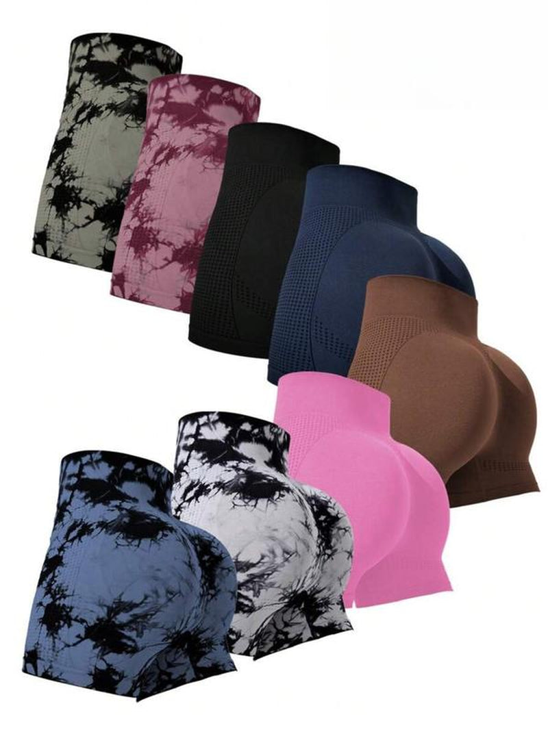 Women'S Solid/Tie Dye Print High Waist Sports Shorts, Breathable Comfortable High Stretch Yoga Shorts, Ladies Sportswear for Indoor Outdoor Wear