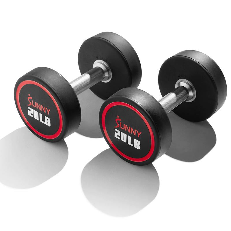 Sunny Health & Fitness Premium Signature round Dumbbells, Pair Set of 2, Home Gym Workout Fitness, Commercial-Grade Polyurethane, Non-Slip Diamond-Knurled Steel Handles, Durable Strength Training, 5-50 Lbs Options