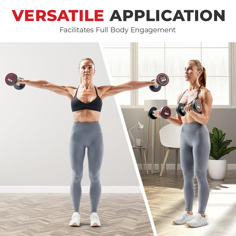 Sunny Health & Fitness Premium Signature round Dumbbells, Pair Set of 2, Home Gym Workout Fitness, Commercial-Grade Polyurethane, Non-Slip Diamond-Knurled Steel Handles, Durable Strength Training, 5-50 Lbs Options