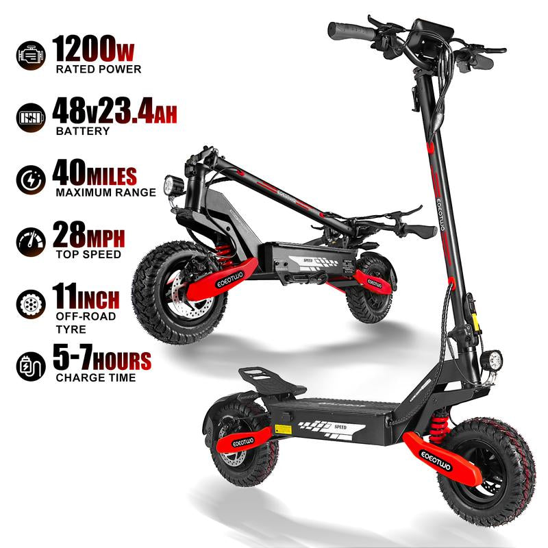 EOEOTWO GT06 Electric Scooter, 48V 13AH/23.4AH, Range of 40 Miles, 1200W Motor, Foldable Electric Skateboard, 28MPH, LED Display Screen, Front and Rear Dual Shock Absorbers, Electric Skateboard
