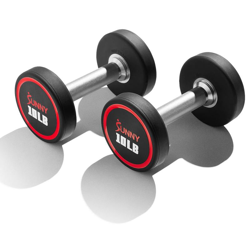 Sunny Health & Fitness Premium Signature round Dumbbells, Pair Set of 2, Home Gym Workout Fitness, Commercial-Grade Polyurethane, Non-Slip Diamond-Knurled Steel Handles, Durable Strength Training, 5-50 Lbs Options