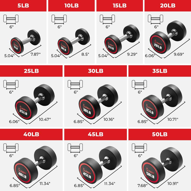 Sunny Health & Fitness Premium Signature round Dumbbells, Pair Set of 2, Home Gym Workout Fitness, Commercial-Grade Polyurethane, Non-Slip Diamond-Knurled Steel Handles, Durable Strength Training, 5-50 Lbs Options