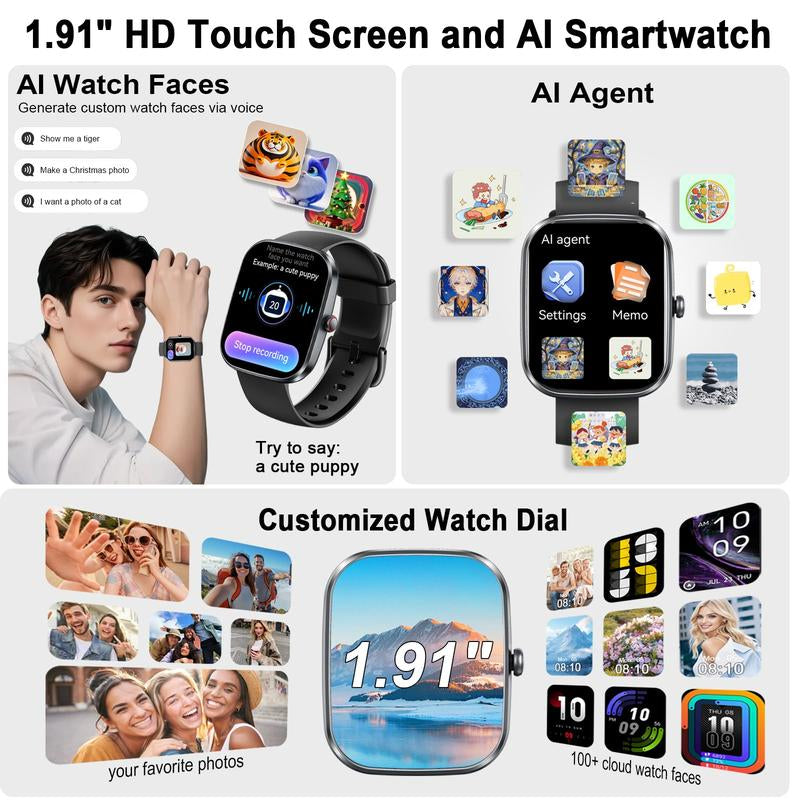Smartwatch with Built-In AI Chatbot (Calls Received/Made), 1.91-Inch Unisex Model, Supports over 112 Fitness Activity Tracking, Calorie Burn/Sleep Monitoring, IP68 Waterproof Pedometer, Compatible with Android and Ios Systems.