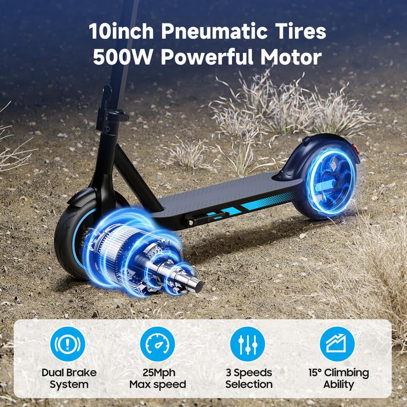 Electric Scooter 500W Motor for Adult with 10" Vacuum Big Tire,Max Speed 25Mph,Foldable & Portable Escooter for Commuting,Electric Kick Scooter with APP Control 36V 10.5AH Battery Foldable Scooter Dual Brake