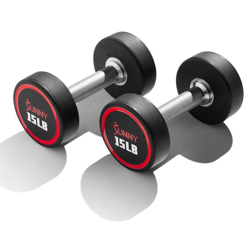 Sunny Health & Fitness Premium Signature round Dumbbells, Pair Set of 2, Home Gym Workout Fitness, Commercial-Grade Polyurethane, Non-Slip Diamond-Knurled Steel Handles, Durable Strength Training, 5-50 Lbs Options