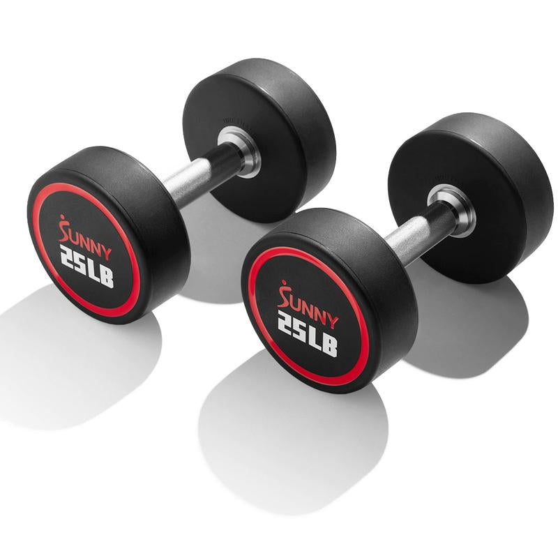 Sunny Health & Fitness Premium Signature round Dumbbells, Pair Set of 2, Home Gym Workout Fitness, Commercial-Grade Polyurethane, Non-Slip Diamond-Knurled Steel Handles, Durable Strength Training, 5-50 Lbs Options