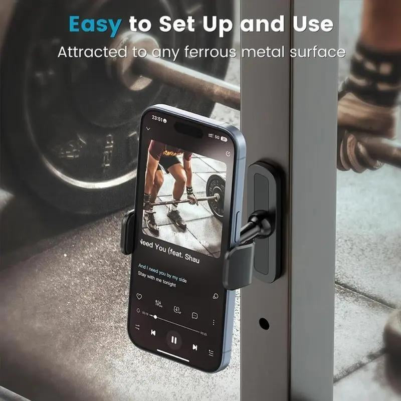 Gym Magnetic Phone Mount 360-Degree Adjustable Holder for Gym Attach to Metal Surface Fitness Equipment Accessories for Home Gym Multi-Purpose Smartphone Cellphone Stand for Kitchen Garage Workbench & More