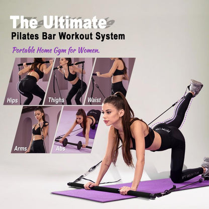 HOTWAVE Pilates Barbell Set with 4 Resistance Bands for Legs, Buttocks, Waist, Arms, Squats, Pilates Fitness Equipment for Home Workouts, Adjustable Length, Suitable for Men Women Yoga Training