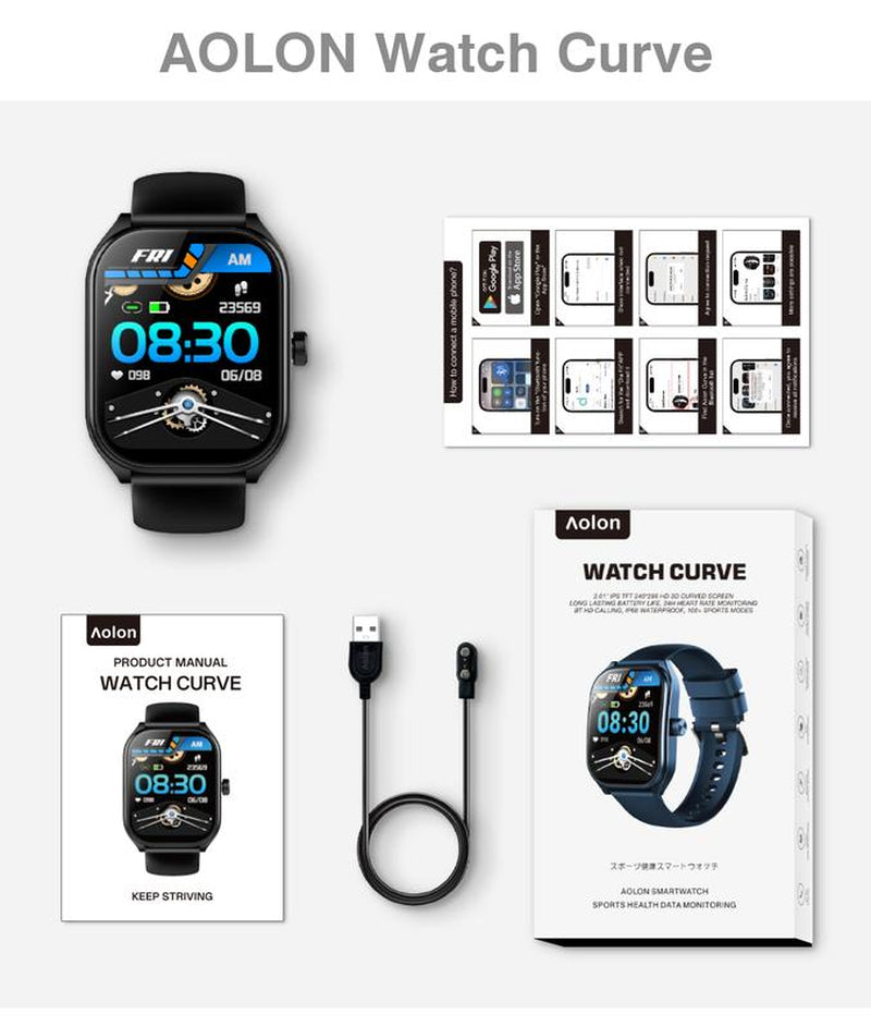 Aolon Curve Smart Watch 2.01" Screen IP68 Waterproof, Wireless Calling, 100+ Sports Modes, Health Monitoring, Assistant Weather Push, Stopwatch, Timer, Stopwatch and Otherfunctions, Compatible with Android and Iphone Phones