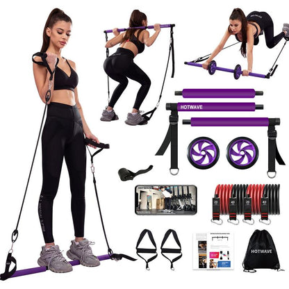 HOTWAVE Pilates Barbell Set with 4 Resistance Bands for Legs, Buttocks, Waist, Arms, Squats, Pilates Fitness Equipment for Home Workouts, Adjustable Length, Suitable for Men Women Yoga Training
