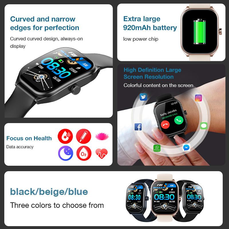 Aolon Curve Smart Watch 2.01" Screen IP68 Waterproof, Wireless Calling, 100+ Sports Modes, Health Monitoring, Assistant Weather Push, Stopwatch, Timer, Stopwatch and Otherfunctions, Compatible with Android and Iphone Phones