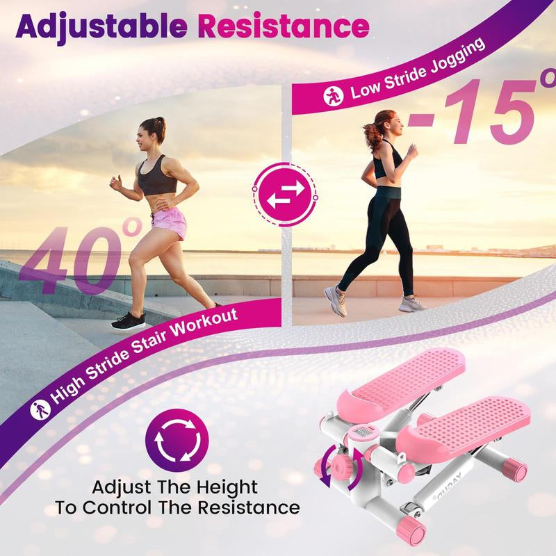Pink Compact Stepper Machine with Resistance Bands – Full-Body Workout for Home Use, Supports 300 Lbs – Tone Muscles & Burn Calories Efficiently