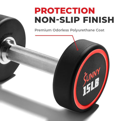 Sunny Health & Fitness Premium Signature round Dumbbells, Pair Set of 2, Home Gym Workout Fitness, Commercial-Grade Polyurethane, Non-Slip Diamond-Knurled Steel Handles, Durable Strength Training, 5-50 Lbs Options