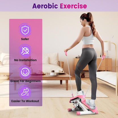 Pink Compact Stepper Machine with Resistance Bands – Full-Body Workout for Home Use, Supports 300 Lbs – Tone Muscles & Burn Calories Efficiently