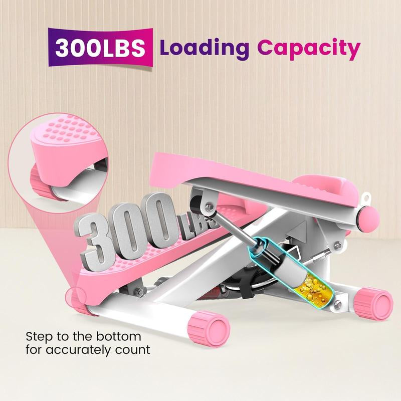 Pink Compact Stepper Machine with Resistance Bands – Full-Body Workout for Home Use, Supports 300 Lbs – Tone Muscles & Burn Calories Efficiently