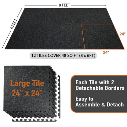 AIRHOP 0.79In Thick 48 Sq Ft Exercise Equipment Mats, 12 Tiles Upgraded Rubber Top with High Density EVA Foam, Large Interlocking Puzzle Gym Flooring for Home Gym, Heavy Weight Workout,Black & White