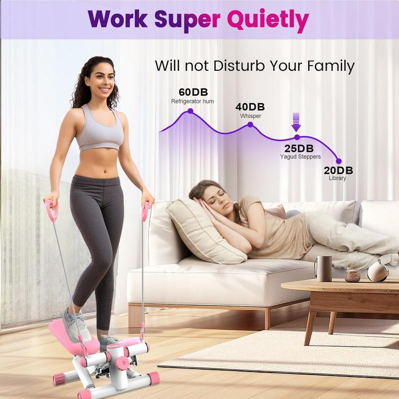 Pink Compact Stepper Machine with Resistance Bands – Full-Body Workout for Home Use, Supports 300 Lbs – Tone Muscles & Burn Calories Efficiently