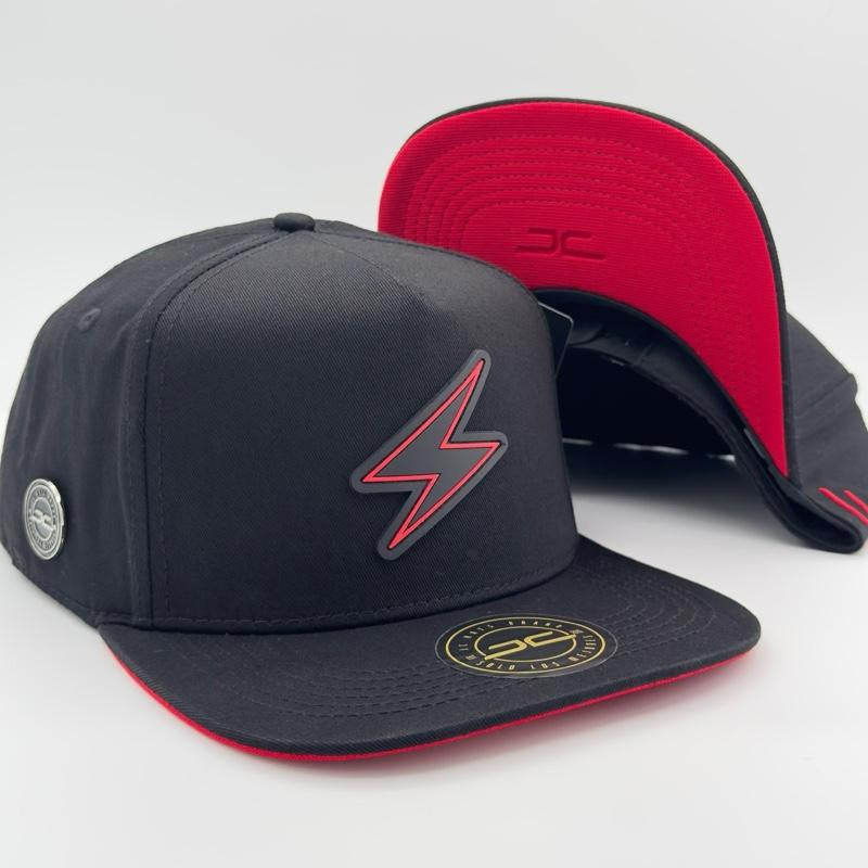 Black/Red Lightning Bolt Flat Snapback Cap
