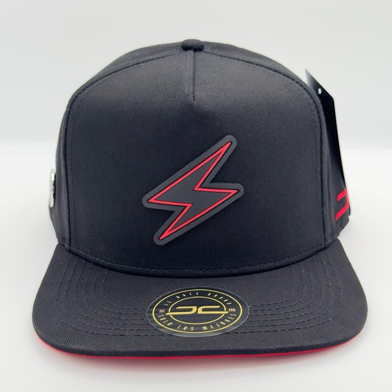 Black/Red Lightning Bolt Flat Snapback Cap