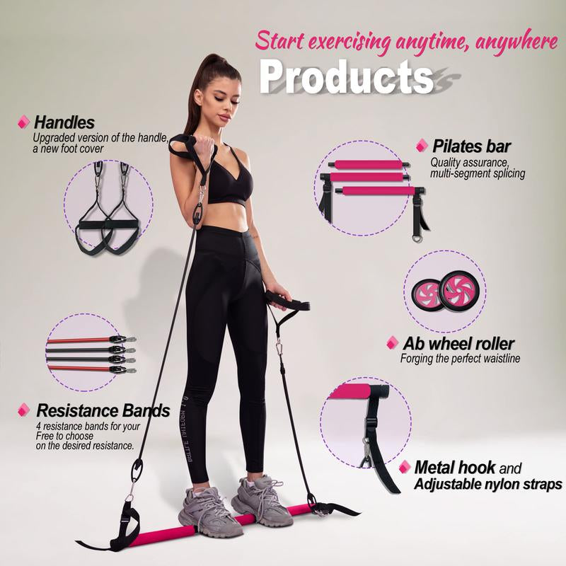 HOTWAVE Pilates Barbell Set with 4 Resistance Bands for Legs, Buttocks, Waist, Arms, Squats, Pilates Fitness Equipment for Home Workouts, Adjustable Length, Suitable for Men Women Yoga Training