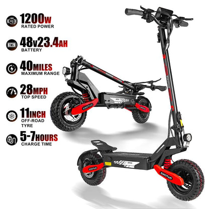 EOEOTWO GT06 Electric Scooter, 48V 13AH/23.4AH, Range of 40 Miles, 1200W Motor, Foldable Electric Skateboard, 28MPH, LED Display Screen, Front and Rear Dual Shock Absorbers, Electric Skateboard