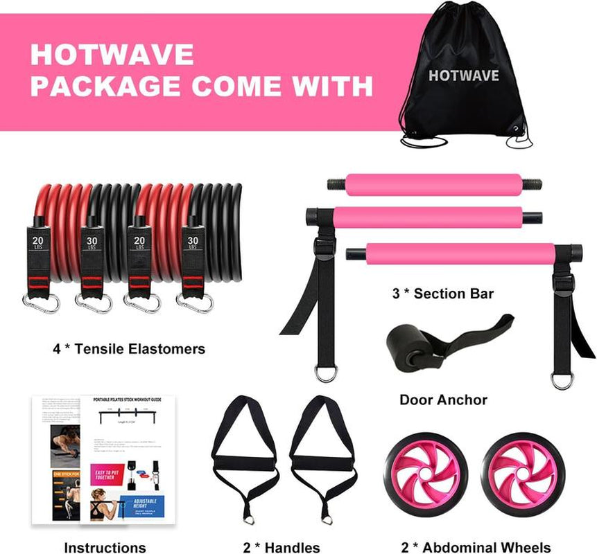 HOTWAVE Pilates Barbell Set with 4 Resistance Bands for Legs, Buttocks, Waist, Arms, Squats, Pilates Fitness Equipment for Home Workouts, Adjustable Length, Suitable for Men Women Yoga Training