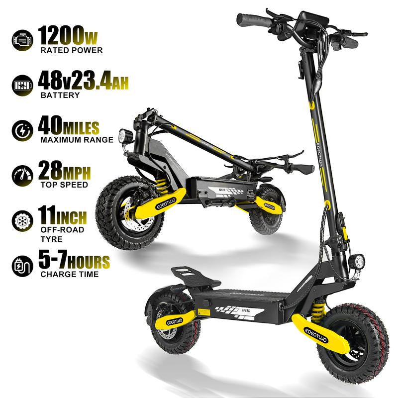 EOEOTWO GT06 Electric Scooter, 48V 13AH/23.4AH, Range of 40 Miles, 1200W Motor, Foldable Electric Skateboard, 28MPH, LED Display Screen, Front and Rear Dual Shock Absorbers, Electric Skateboard