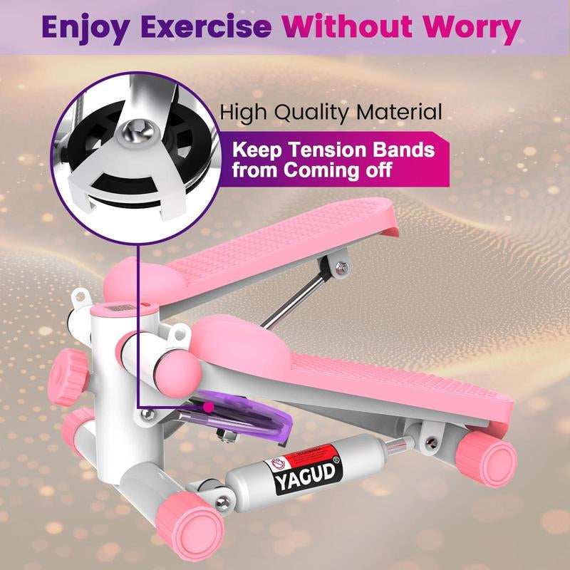 Pink Compact Stepper Machine with Resistance Bands – Full-Body Workout for Home Use, Supports 300 Lbs – Tone Muscles & Burn Calories Efficiently