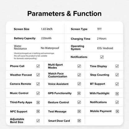 Smart Watch, Wireless Calling/Dialing, Multi Sport Mode, Call Reminder and Rejection, SMS Reminder, Message Reminder, Various APP Reminders