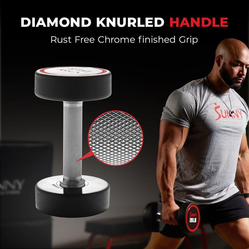 Sunny Health & Fitness Premium Signature round Dumbbells, Pair Set of 2, Home Gym Workout Fitness, Commercial-Grade Polyurethane, Non-Slip Diamond-Knurled Steel Handles, Durable Strength Training, 5-50 Lbs Options