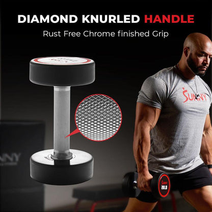 Sunny Health & Fitness Premium Signature round Dumbbells, Pair Set of 2, Home Gym Workout Fitness, Commercial-Grade Polyurethane, Non-Slip Diamond-Knurled Steel Handles, Durable Strength Training, 5-50 Lbs Options