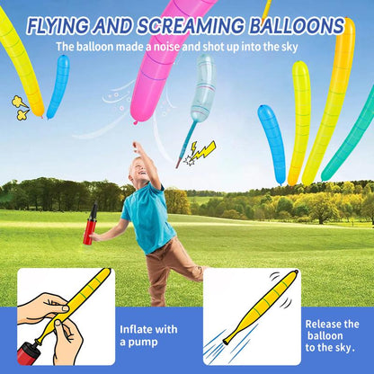 Dealsforyou 100 Pack Rocket Balloons plus 1 Easy to Use Pump Party Pack No Refill Needed Watch Balloons Rocket to Sky Outdoor Indoor Fun