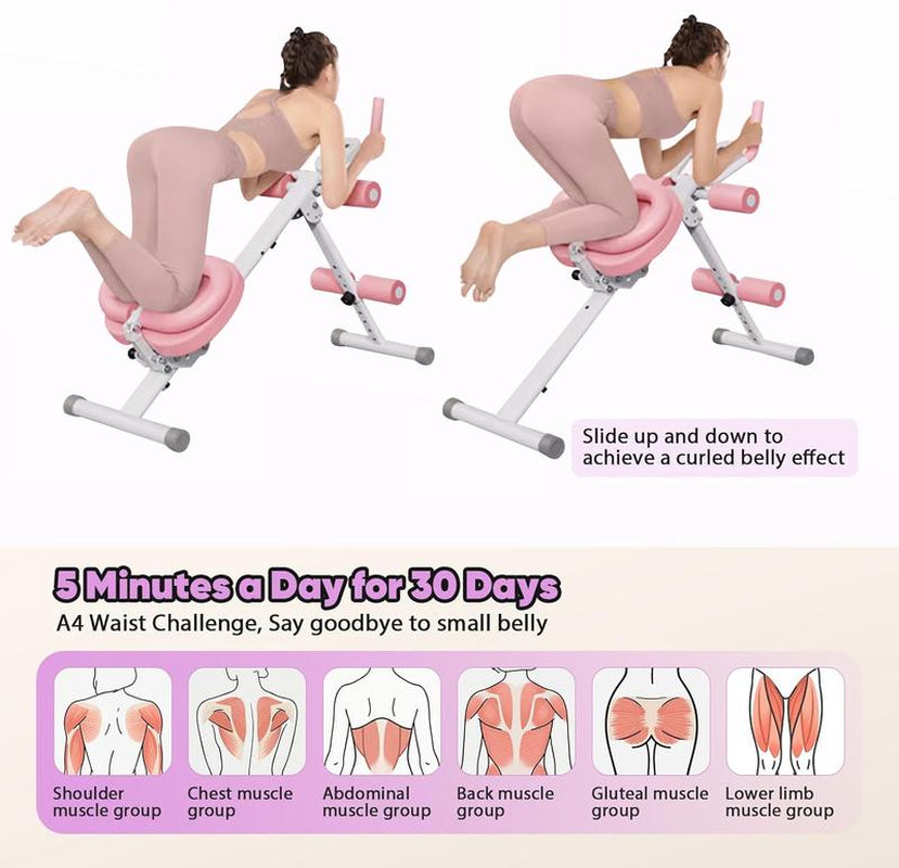 Ab Workout Equipment, Adjustable Sit-Up Machine for Full-Body Workouts and Strength Training at Home, Body-Shaping Fitness Equipment, Foldable Waist Trainer, Beginner-Friendly, Available in Pink/Purple.