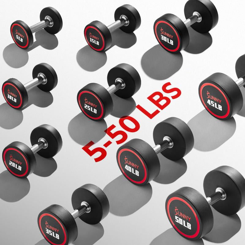 Sunny Health & Fitness Premium Signature round Dumbbells, Pair Set of 2, Home Gym Workout Fitness, Commercial-Grade Polyurethane, Non-Slip Diamond-Knurled Steel Handles, Durable Strength Training, 5-50 Lbs Options