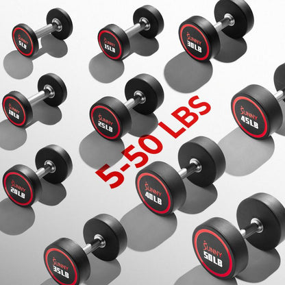 Sunny Health & Fitness Premium Signature round Dumbbells, Pair Set of 2, Home Gym Workout Fitness, Commercial-Grade Polyurethane, Non-Slip Diamond-Knurled Steel Handles, Durable Strength Training, 5-50 Lbs Options